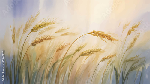 Rustic watercolor wheat field invitation background, Elegant golden wheat botanical watercolor illustration, Hand-painted shabby chic nature harvest design