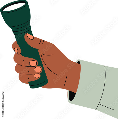 Hand Holding Flashlight, Dark Green Flashlight, Person Holding Torch, Flashlight in Hand, Illumination & Safety Device