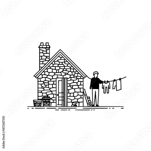 Minimalist stone house illustration with clothesline and person hanging clothes vector design concept