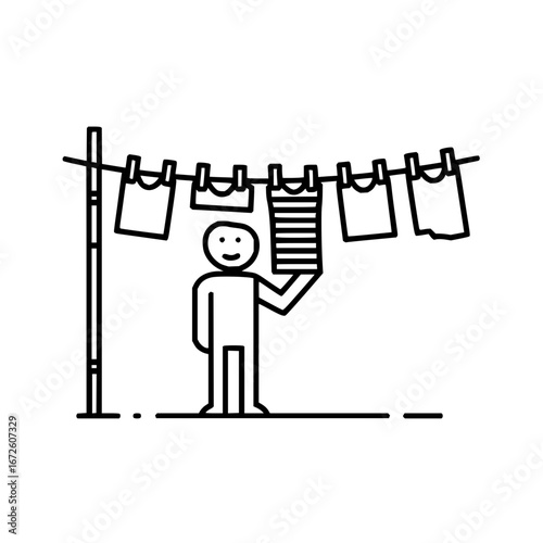 Laundry day chores vector illustration of person hanging clothes on clothesline for drying process vector art
