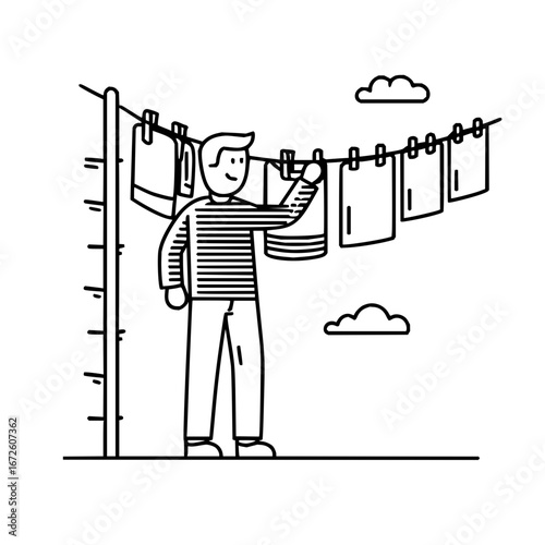 Man hanging clothes laundry day chore routine household work domestic task lifestyle vector illustration line art