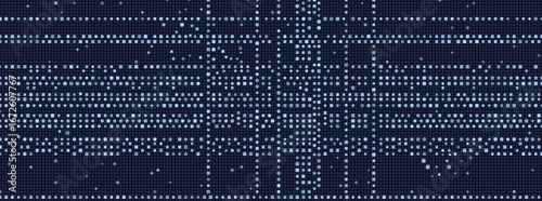 Intricate digital circuit pattern with pixelated blue grid design.