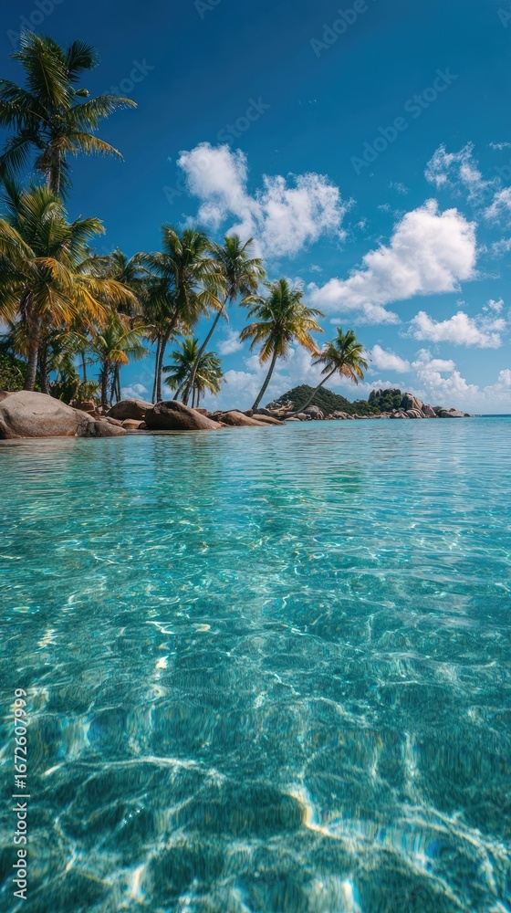 Fototapeta premium Tropical island paradise with turquoise water and palm trees