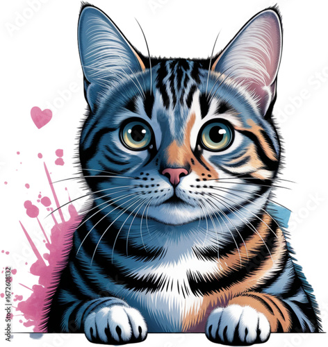 Whimsical Kitten: A delightful illustrated kitten peers out with charming expression, adorned with a touch of whimsy through artistic flair. 