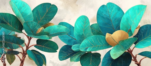 Vibrant teal leaves with golden accents create a lush, botanical design on a neutral backdrop.
