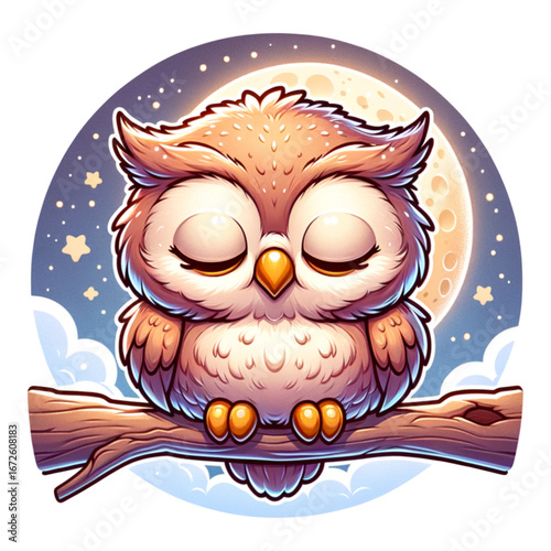 Dreamy Owl: A cute owl sits serenely on a branch under a night sky. The sweet little owl with its eyes closed. A dream, peacefulness, tranquility and innocence.