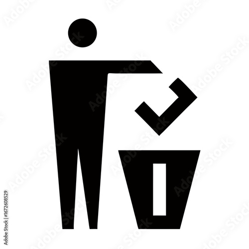 Person discarding waste into trash bin in minimalist black style