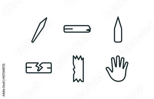 simple outline stroke icon isolated on white background: splinter thin wood sharp tip broken plank jagged edge hand mark