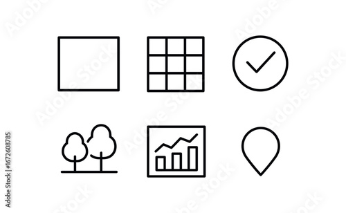 simple outline stroke icon isolated on white background: area grid circle mark chart box tree patch map dot