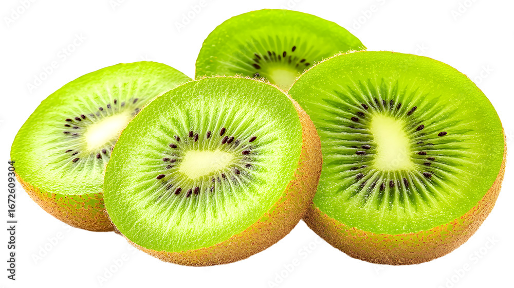 Fototapeta premium Sliced kiwi fruit halves isolated on a transparent background