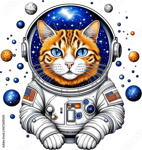 Cosmic Explorer: A charming space cat fearlessly explores the vast unknown, set against a backdrop of celestial wonders in this whimsical illustration.