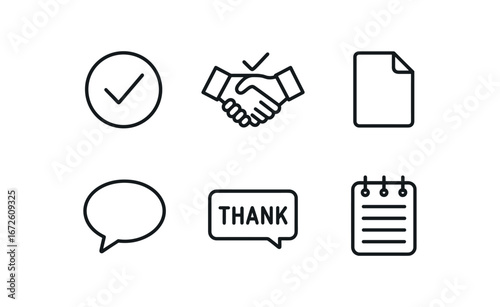 simple outline stroke icon isolated on white background: acknowledgment handshake mark paper sheet speech bubble thank icon note line