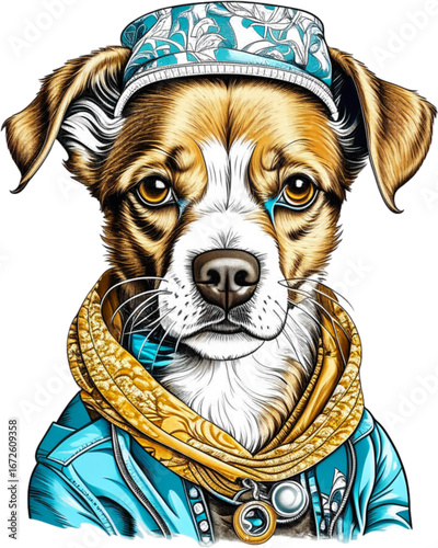Chic Canine: A stylishly dressed dog exudes personality and charm in a vibrant, digital illustration, showcasing fashion and individuality.