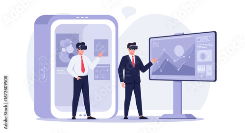 Two businessmen in VR headsets interacting with virtual data displays on a large screen and a mobile device.