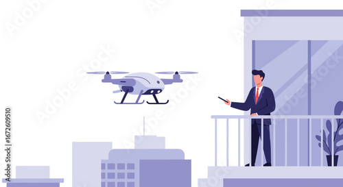 Businessman on a balcony controls a drone in a cityscape.