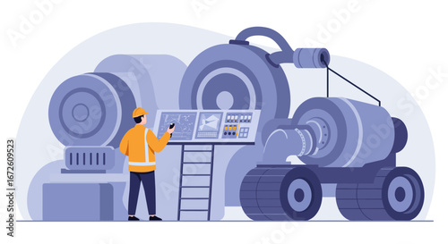 Technician monitoring complex industrial machinery, overseeing automated processes and production.