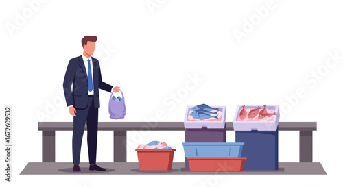 Businessman buying fresh fish at an outdoor market stall.
