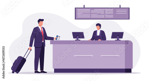 A businessman at a check-in desk, presenting documents to a receptionist for travel.