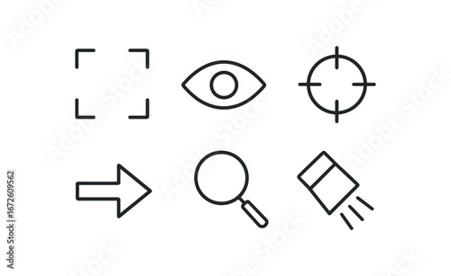 simple outline stroke icon isolated on white background: focus eye icon circle arrow point lens spotlight