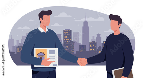 Two men in business attire shake hands in front of a city skyline, one holding a document with a house illustration, symbolizing a real estate transaction or agreement.