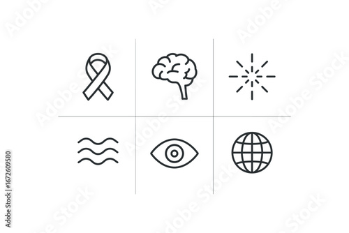 simple outline stroke icon isolated on white background: awareness brain outline light spark wave lines eye icon globe mark