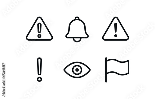 simple outline stroke icon isolated on white background: attention bell icon alert sign exclamation mark open eye flag wave