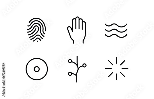 simple outline stroke icon isolated on white background: sensation hand icon ripple lines touch mark nerve path glow rays