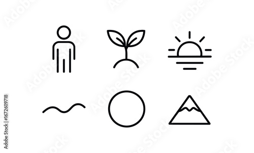 simple outline stroke icon isolated on white background: existence tree sprout sunrise arc wave path circle mark mountain base
