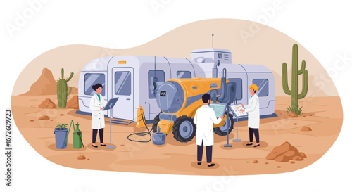 Scientists conduct research in a desert environment using advanced machinery near a mobile laboratory.