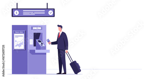 Businessman using an ATM machine at an airport, withdrawing cash before a flight.
