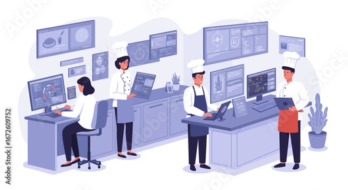 Culinary innovation team collaborating in a modern, technologically advanced kitchen.