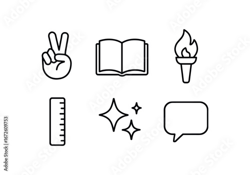 simple outline stroke icon isolated on white background: truth open book torch flame scale mark glow speech bubble