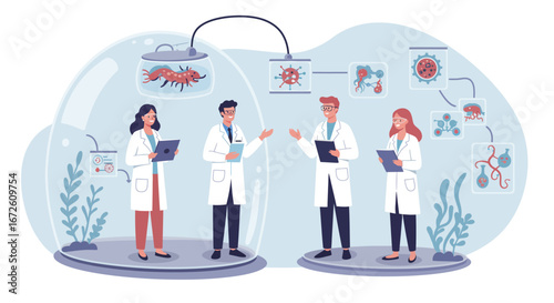 Scientists in lab coats examining biological samples and scientific diagrams within a laboratory setting.