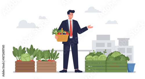 A man in a suit holds a basket of fresh vegetables, standing among garden beds with various produce in an urban rooftop farming setting.