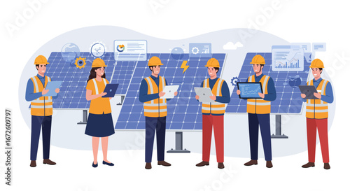 A team of engineers inspecting and monitoring solar panels for energy production and efficiency.