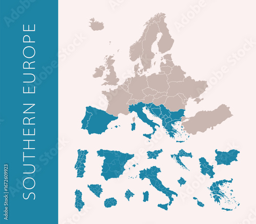 Southern Europe map with regions. Includes Portugal, Spain, Italy, Greece, Malta, Cyprus, Andorra, San Marino, Monaco, Vatican. Detailed Europe map isolated on white background.