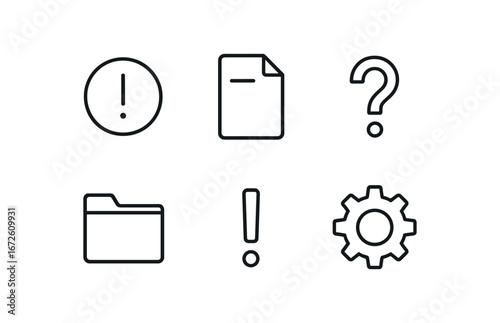 simple outline stroke icon isolated on white background: issue paper sheet question mark folder icon exclamation sign gear mark