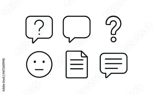 simple outline stroke icon isolated on white background: question speech bubble question mark face icon note sheet chat line