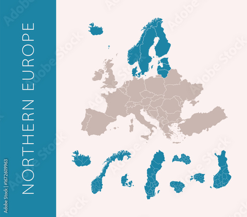 Northern Europe map with regions. Includes Iceland, Ireland, United Kingdom, Denmark, Norway, Sweden, Finland, Estonia, Latvia, Lithuania. High detail, vector on white background.