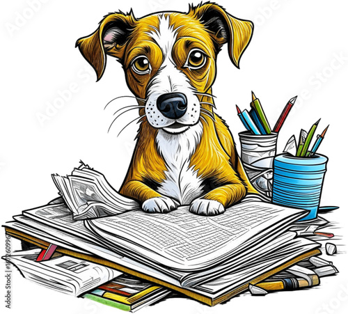 Dog and homework: A determined dog sits diligently with a stack of schoolwork and colorful pencils, showcasing the commitment to learning and study.