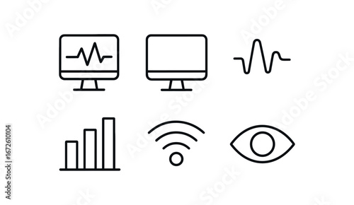 simple outline stroke icon isolated on white background: monitoring screen icon wave line chart bars signal mark eye sign