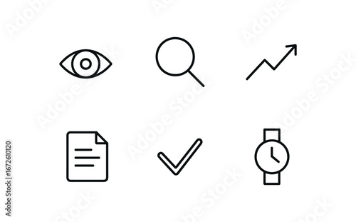 simple outline stroke icon isolated on white background: oversight magnifying glass chart line document page check mark watch icon