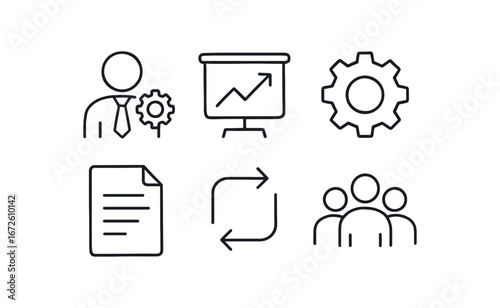 simple outline stroke icon isolated on white background: management chart board gear cog document page flow arrows group icon