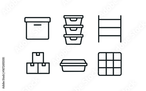 simple outline stroke icon isolated on white background: storage stacked bins shelf rack box pile container lid grid lines