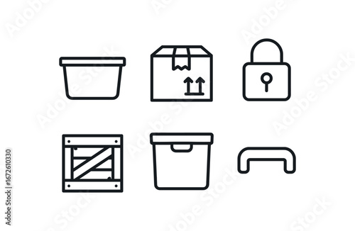 simple outline stroke icon isolated on white background: container shipping box lid lock crate lines storage symbol handle grip