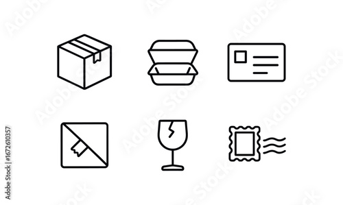 simple outline stroke icon isolated on white background: parcel cardboard address label taped fold fragile sign post mark