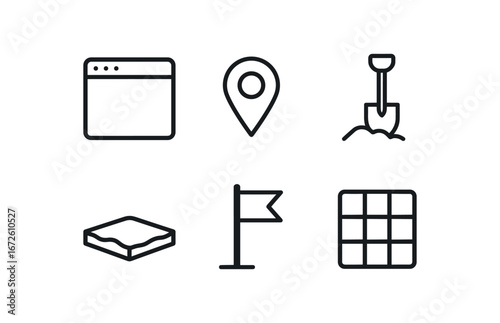 simple outline stroke icon isolated on white background: site map pin shovel mark ground patch flag post outline grid