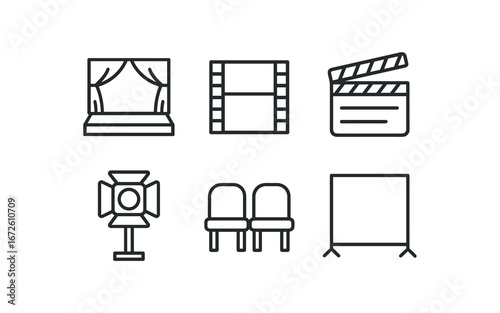 simple outline stroke icon isolated on white background: scene film frame clapper board spotlight chair set backdrop