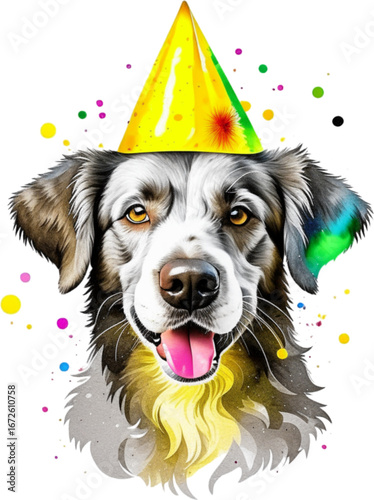 Festive Pup Portrait: A charming dog, sporting a playful party hat, beams with joy amidst a flurry of vibrant watercolor splashes, perfect for injecting a dose of cheer and celebration.