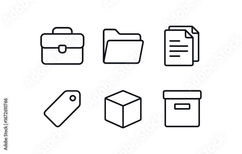 simple outline stroke icon isolated on white background: case folder file document stack label tag box shape archive icon